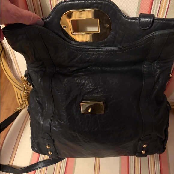 NWT - Badgley Mischka Black Leather “Melissa” Shoulder Bag with Gold Hardware - Picture 10 of 12